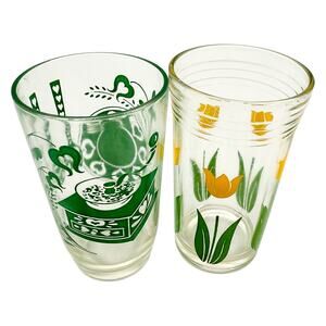 Vintage Kraft Swanky Swigs Set of 2 Glasses Yellow Tulips/Green Coffee Grinder